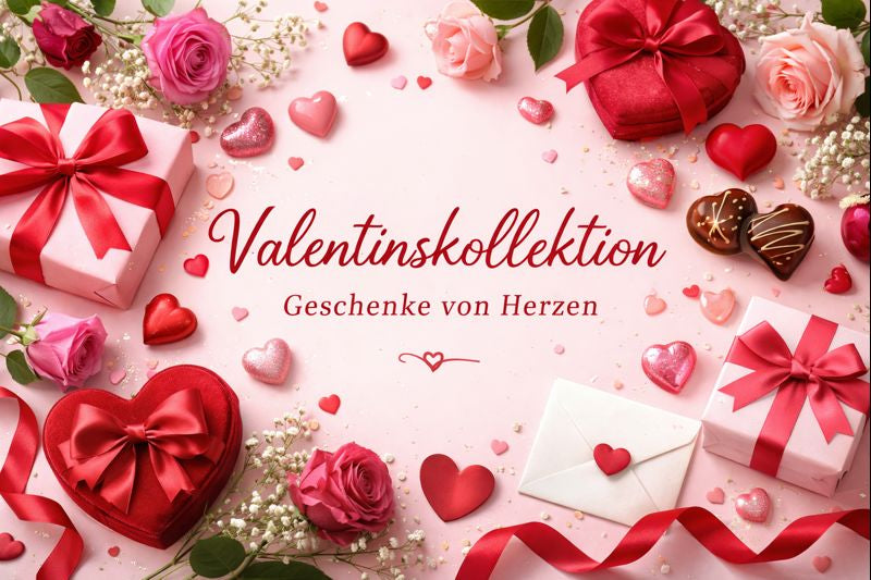 Romantisches Banner für eine Valentinskollektion mit Geschenkboxen, Herzdekorationen, Rosen und Pralinen auf rosafarbenem Hintergrund