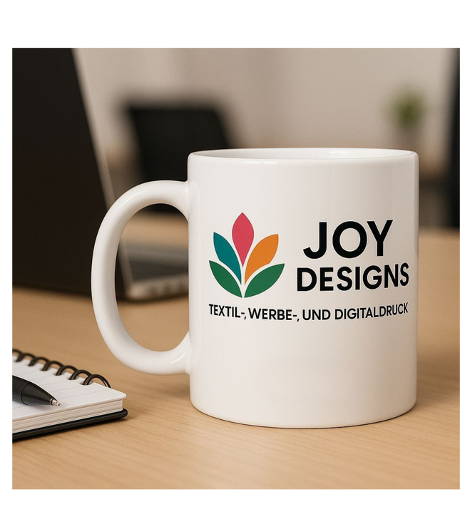 Weiße Keramiktasse mit Logo bedruckt