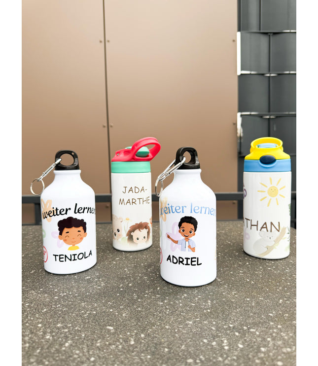 Personalisiert mit name und Zeichentrickfiguren Aluminium Trinkflasche - Isoliert, BPA-frei, Schraubkarabiner Schulkind weiter lernen