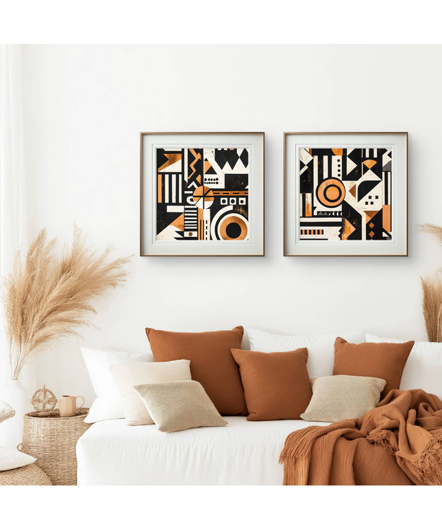 Abstract Geometric Wall Art Set of 2, Modern Black Terracotta Prints, Minimalist Wall Decor, Contemporary Living Room Art