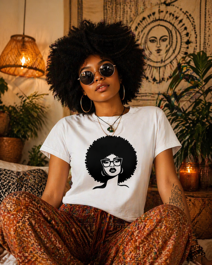 Afro Hair Woman T-Shirt, Black Girl Graphic Tee, Natural Hair Shirt, Afrocentric Fashion, Melanin Pride Tee, Gift for Her