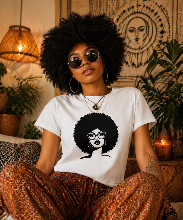 Afro Hair Woman T-Shirt, Black Girl Graphic Tee, Natural Hair Shirt, Afrocentric Fashion, Melanin Pride Tee, Gift for Her