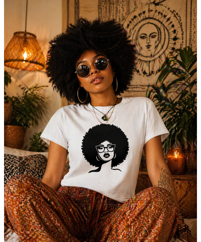 Afro Hair Woman T-Shirt, Black Girl Graphic Tee, Natural Hair Shirt, Afrocentric Fashion, Melanin Pride Tee, Gift for Her