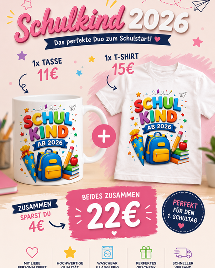 Schulkind 2026 Geschenkset | Personalisiertes T-Shirt & Tasse mit Name
