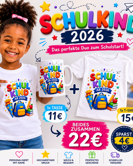 Schulkind 2026 Geschenkset | Personalisiertes T-Shirt & Tasse mit Name