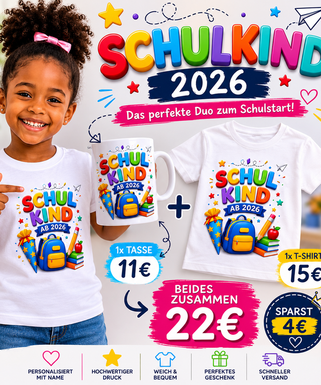 Schulkind 2026 Geschenkset | Personalisiertes T-Shirt & Tasse