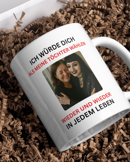 Personalisierte Tasse mit Foto und Text als Geschenk für Tochter.