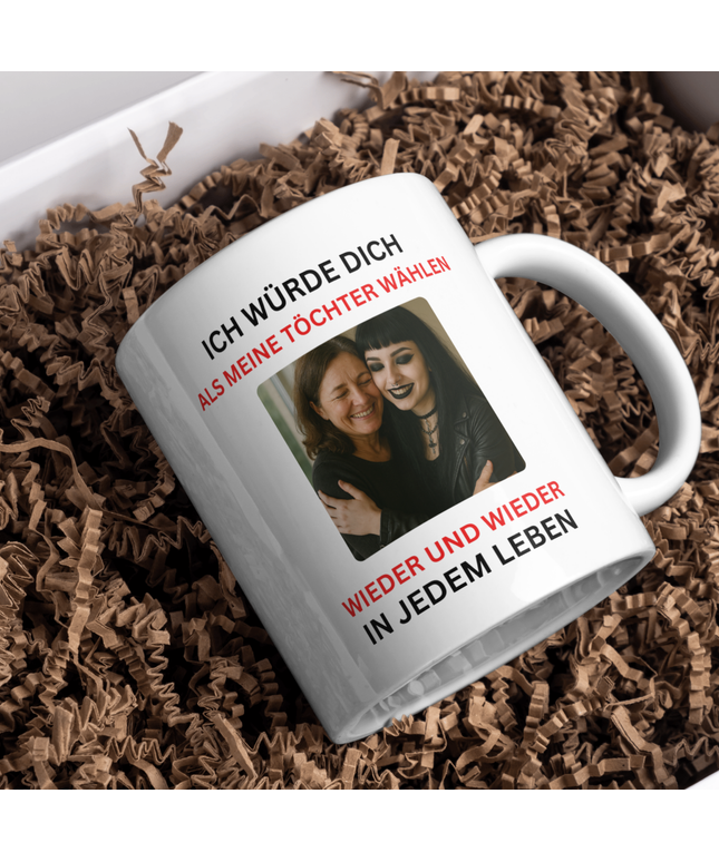 Personalisierte Tasse mit Foto und Text als Geschenk für Tochter.