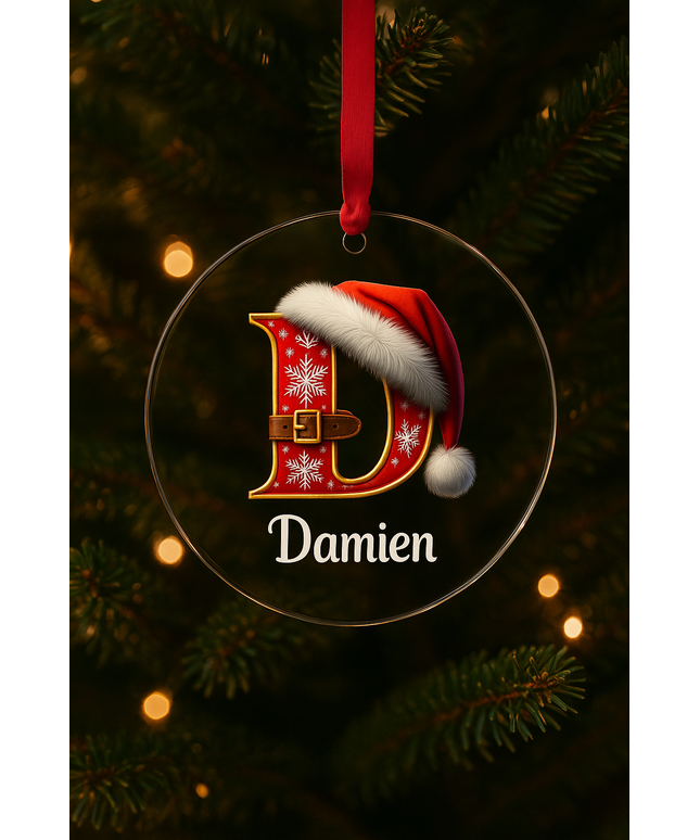 Personalisierte Acryl-Weihnachtskugel mit rotem Buchstaben F, Santa-Mütze und Name , hängend am Weihnachtsbaum
