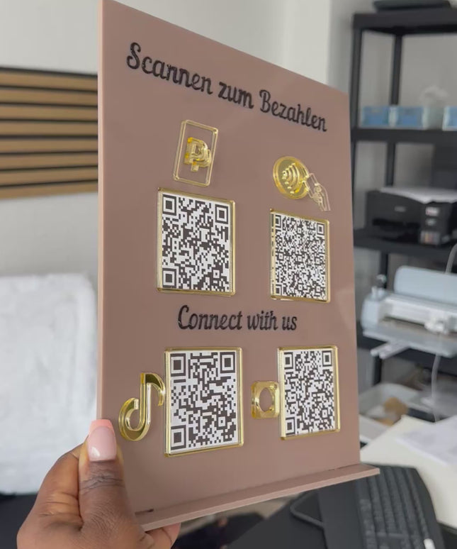 Individuelles QR-Code-Schild aus Acryl – Bewertung, Buchung, Instagram – Geschäftsthekenanzeige